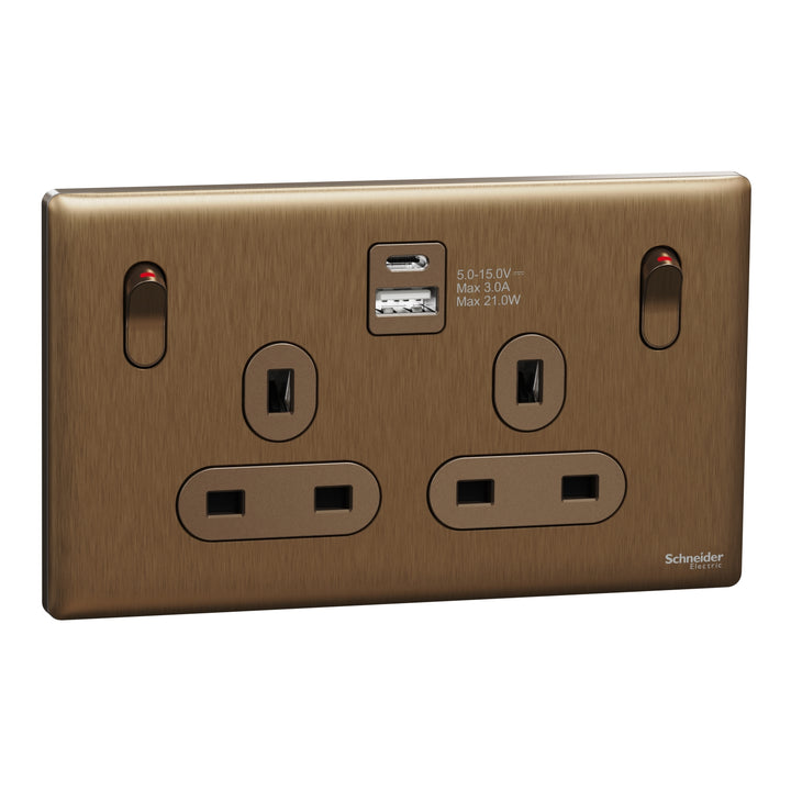 Schneider Electric Unica X 13A 250V 2-Gang Switched Socket with USB A+C - Dark Bronze NUX25DACQUS_DB