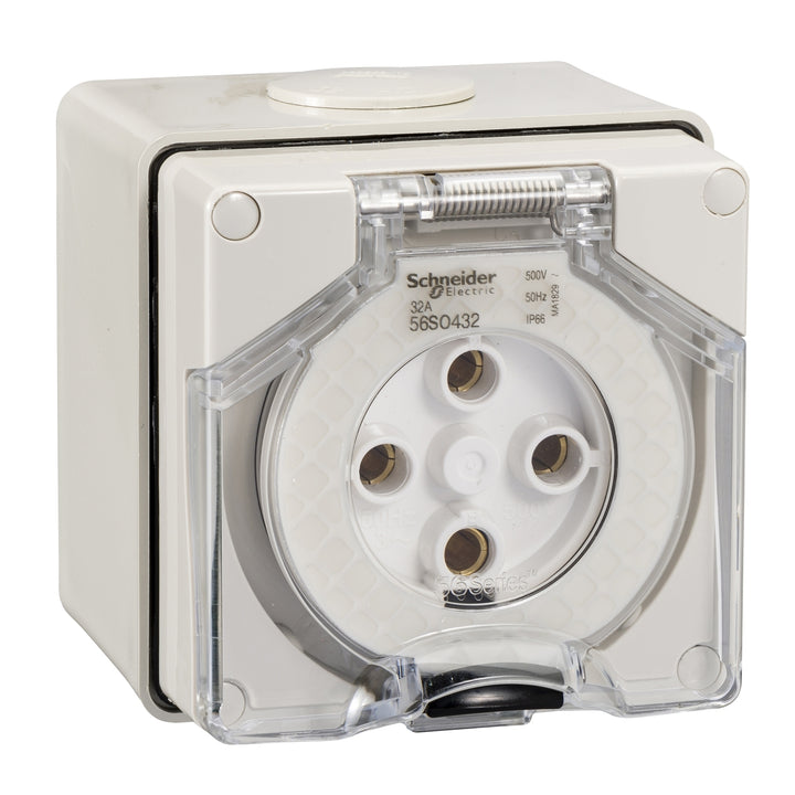Schneider Electric WPS Socket-Outlet, 30A, 500V, 3-Phase, 5-Pole, Round Pin, IP66 - S56SO432GY