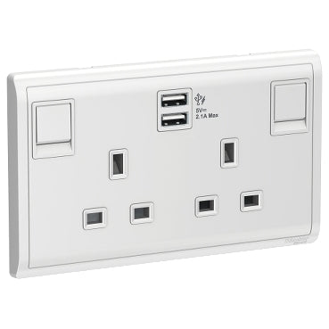 Schneider Electric Pieno - 13A Twin Gang Switched Socket with 2.1A USB, White E82T25USB_WE_G12