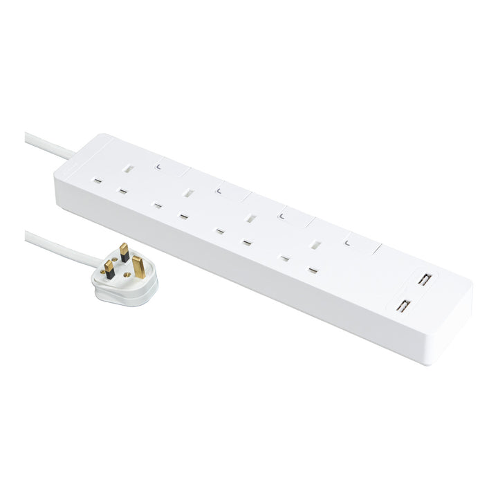 Schneider Electric AvatarOn Extension Plug /Cord /cable with 4 Trailing Sockets with individual switch and 2 USB, 3M, Power Socket/ Strips/ Multi Plug, White - (TSH36U_3_WE)