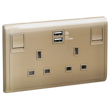 Schneider Electric Pieno - 13A Twin Gang Switched Socket with 2.1A USB, Wine GoldE82T25USB_WG_G12