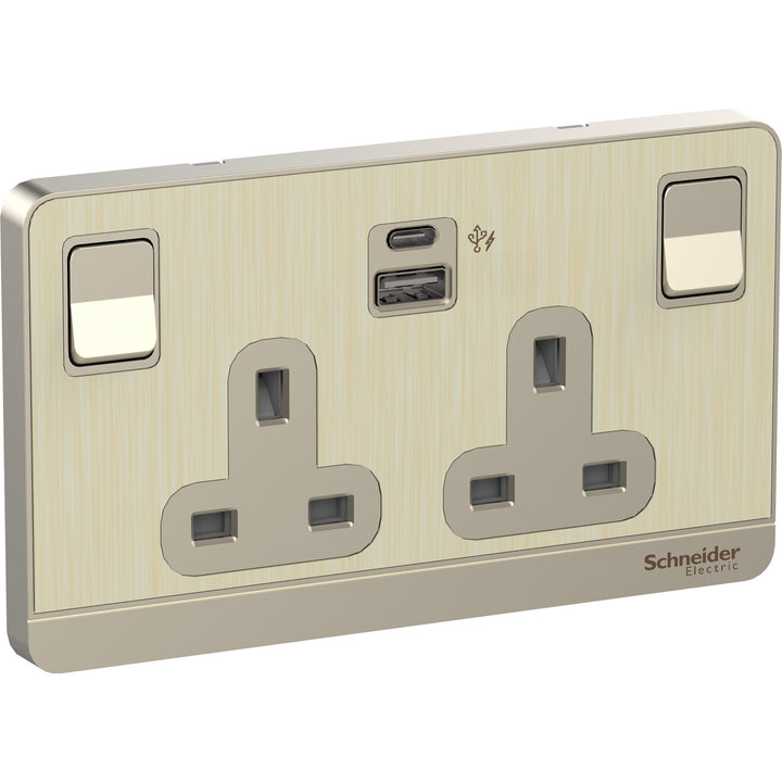 Schneider Electric AvatarOn 13A 2-Gang Switched Socket with 21W USB Type A & C Charger, Metal Gold Hairline - E83T25ACUSB_GH_G12