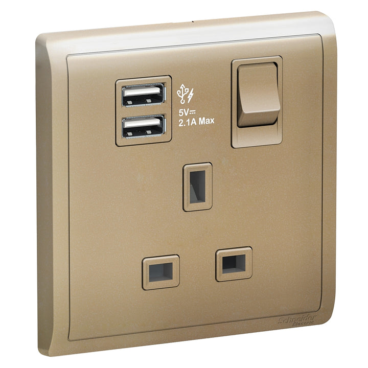 Schneider Electric 13A 1 Gang Switched Socket with 2.1A USB, Wine Gold E8215USB_WG_G12