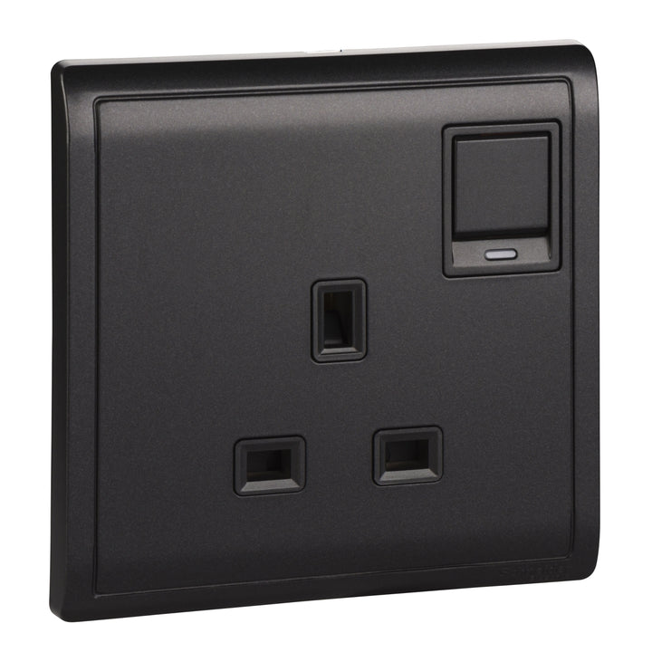 Schneider Electric Pieno 13 A 250 V 1?Gang Switched Socket with Neon – Matt Black E8215N_MB_G1
