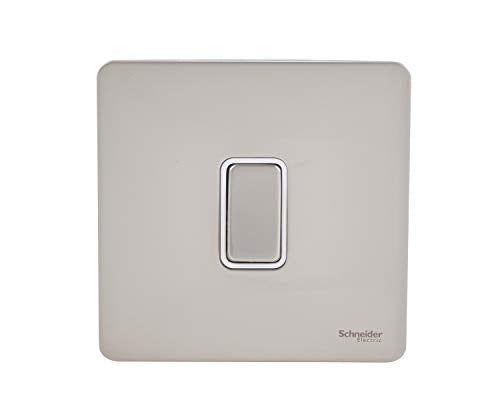 Schneider Electric Ultimate Screwless Flat Plate - Single Retractive 2 Way Light Switch, 16AX, Gu1412Rbss, Stainless Steel / Pearl Nickel With Black Insert (Single Piece / Pack of 3 / Pack of 5)