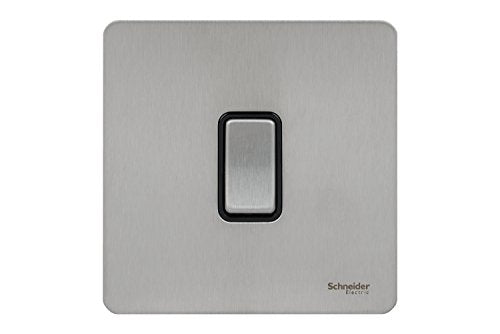 Schneider Electric Ultimate Screwless Flat Plate - Single Retractive 2 Way Light Switch, 16AX, Gu1412Rbss, Stainless Steel / Pearl Nickel With Black Insert
