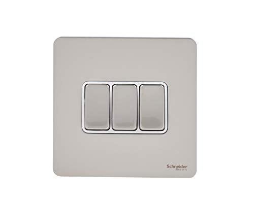 Schneider Electric Ultimate Screwless Flat Plate - 3 Gang Toggle 2 Way Light Switch, Single Pole, 16Ax, Gu1432Wpn, Pearl Nickel With White Insert (Single Piece / Pack of 3 / Pack of 5)