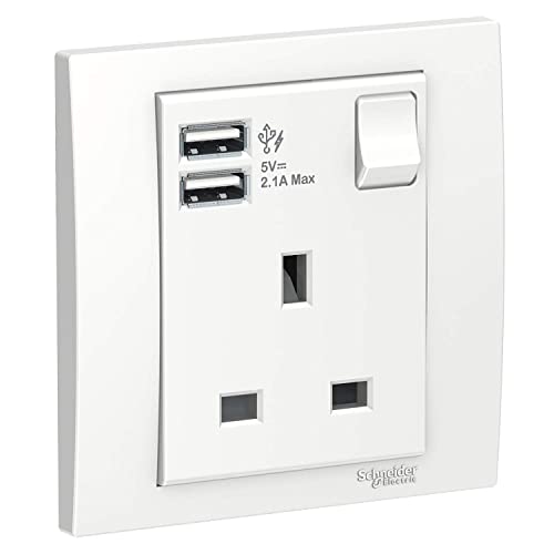 Schneider Electric KB15USB_WE Vivace White/ Aluminum Silver - Single 13A Socket Combined 2 X USB Ports 2.1 A (Single Piece / Pack of 3 / Pack of 5)