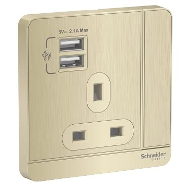 Schneider Electric AvatarOn 2 USB Charger + Switched Socket 3P 13A E8315USB_G11 (Metal Gold Hairline/ Dark Grey/ Dark Wood)