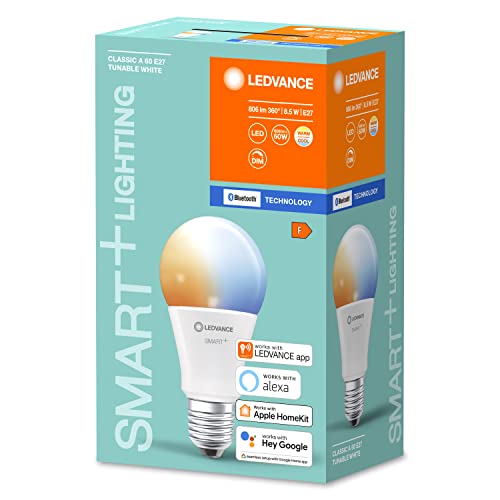 Ledvance Smart LED Lamp With Bluetooth/ Wi-Fi, E27, Replaces Incandescent Lamps With 60 W, Controllable With Alexa & Google, Smart+ Cla Tw, 1-Pack