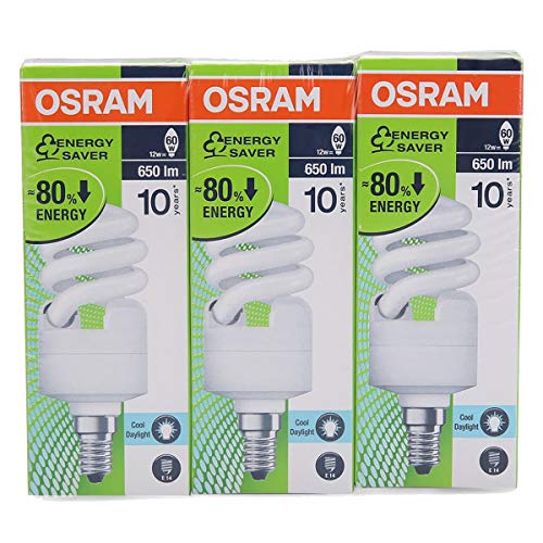 Osram Duluxstar Mini Twist E14 Spiral Shape Bulb Compact Fluorescent 12W Cfl Bulb Day Light 6500K - Pack Of 3