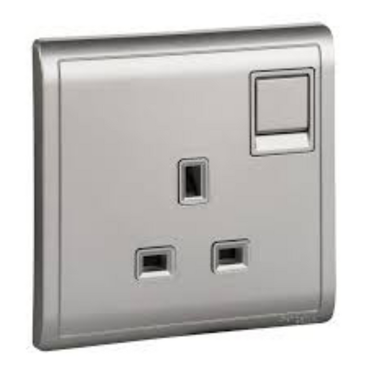 Schneider Electric 15A 250V 1 Gang 3 Round Pin Switched Socket with Neon, Aluminium Silver - E8215_15N_AS_G1
