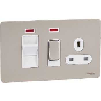 Schneider GU4401WPN Electric Ultimate Pearl Nickel Screwless Flat Plate 45A + 13A Switched Cooker Control Unit & Single Power Socket With Neon White Insert