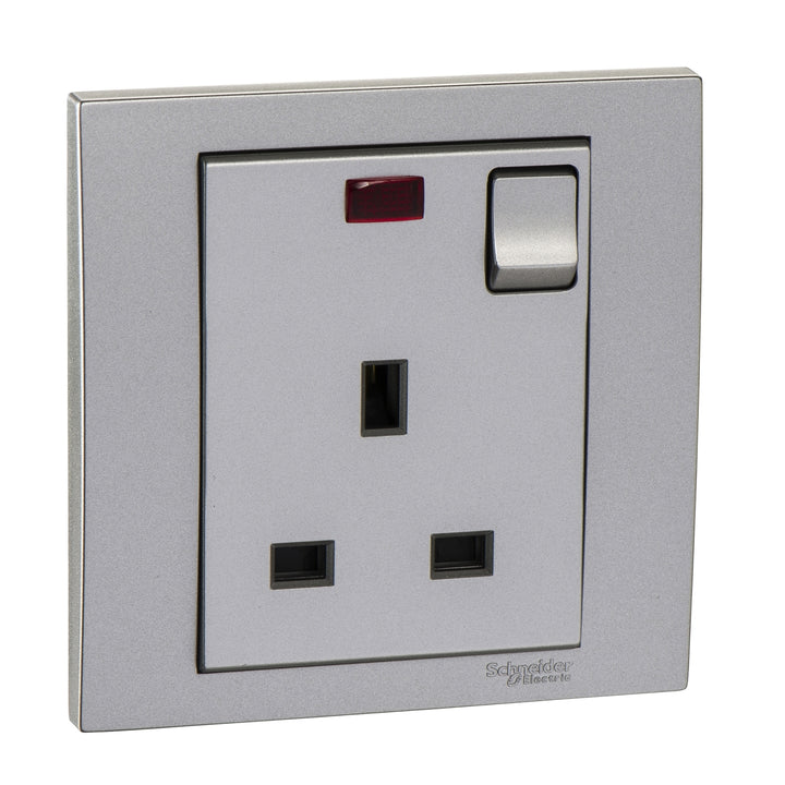 Schneider Vivace 13A Single Switched Socket with Neon, Aluminium Silver KB15N_AS