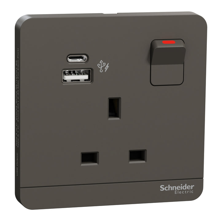 Schneider Electric Switched socket with USB charger, Avataron, 21W type A+C, 13A, Dark Grey/ White/ Wine Gold- E8315DACUSB